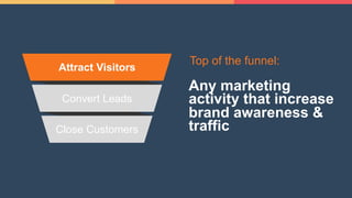Convert Leads
Close Customers
Attract Visitors
Top of the funnel:
Any marketing
activity that increase
brand awareness &
traffic
 