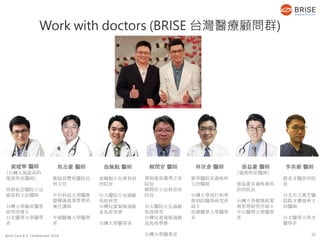 Brise Care B.V. Confidential 2018
黃瑽寧 醫師
（台灣人氣最高的
電視明星醫師）
馬偕紀念醫院小兒
感染科主治醫師
台灣大學臨床醫學
研究所博士
台北醫學大學醫學
系
馬志豪 醫師
衛福部豐原醫院兒
科主任
中台科技大學醫療
暨健康產業管理系
兼任講師
中國醫藥大學醫學
系
林世倉 醫師
耕莘醫院耳鼻喉科
主治醫師
台灣大學流行病學
與預防醫學研究所
碩士
高雄醫學大學醫學
系
張益豪 醫師
（電視明星醫師）
張益豪耳鼻喉專科
診所院長
台灣大學健康政策
與管理研究所碩士
中山醫學大學醫學
系
李英毅 醫師
群英牙醫診所院
長
台北市立萬芳醫
院假牙贗復科主
治醫師
台北醫學大學牙
醫學系
翁佩魁 醫師
翁佩魁小兒專科診
所院長
台大醫院小兒過敏
免疫研究
台灣兒童氣喘過敏
及免疫學會
台灣大學醫學系
賴閔宦 醫師
萊姆產後護理之家
院長
賴閔宦小兒科診所
院長
台大醫院小兒過敏
免疫研究
台灣兒童氣喘過敏
及免疫學會
台灣大學醫學系
Work with doctors (BRISE 台灣醫療顧問群)
25
 