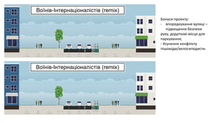 Бонуси проекту:
- впорядкування вулиці –
підвищення безпеки
руху, додаткові місця для
паркування;
- Усунення конфлікту
пішоходи/велосипедисти.
 