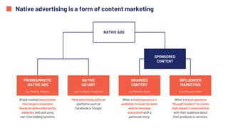 Native advertising is a form of content marketing
PROGRAMMATIC
NATIVE ADS
e.g. Taboola, Outbrain
NATIVE
AD UNIT
e.g. Facebook, Google Ads
BRANDED
CONTENT
e.g. Branded article
INFLUENCER
MARKETING
e.g. Influencer video
SPONSORED
CONTENT
When a brand sponsors a
publisher to have its name
and/or message
associated with a
particular story.
When a brand sponsors
“thought leaders” to create
high-impact conversations
with their audience about
their products or services.
Paid advertising units on
platforms such as
Facebook or Google.
Brand created advertorials
that target consumers
based on data collected by
websites and sold using
real-time bidding systems.
NATIVE ADS
 