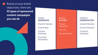 Based on your brand
objectives, there are
10 types of sponsored
content campaigns
you can do BRAND
AWARENESS
Channel Takeover
Fresh & New
Creative
Challenge
Emotional
Storytelling
BRAND
BUILDING
Product
Placement
How To’s
Disruptive Ideas
PRODUCT
CONSIDERATION
Guides & Reviews
Custom Research
Promos &
Giveaways
 