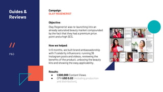 //
Guides &
Reviews
P&G
Campaign:
OLAY REGENERIST
Objective:
Olay Regenerist was re-launching into an
already saturated beauty market compounded
by the fact that they had a premium price
point and a high SES.
How we helped:
In 6 months, we built brand ambassadorship
with 7 celebrity influencers; running 36
Instagram posts and videos, reviewing the
benefits of the product, unboxing the beauty
kits and showing the easy applicability.
Results:
● 1,500,000 Content Views
● CPV USD 0.02 (including production
and distribution).
 