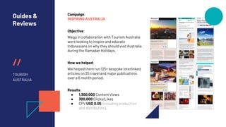 //
Guides &
Reviews
TOURISM
AUSTRALIA
Campaign:
INSPIRING AUSTRALIA
Objective:
Wego in collaboration with Tourism Australia
were looking to inspire and educate
Indonesians on why they should visit Australia
during the Ramadan Holidays.
How we helped:
We helped them run 125+ bespoke interlinked
articles on 25 travel and major publications
over a 6 month period.
Results:
● 1,300,000 Content Views
● 300,000 Clicks/Likes
● CPV USD 0.05 (including production
and distribution).
 