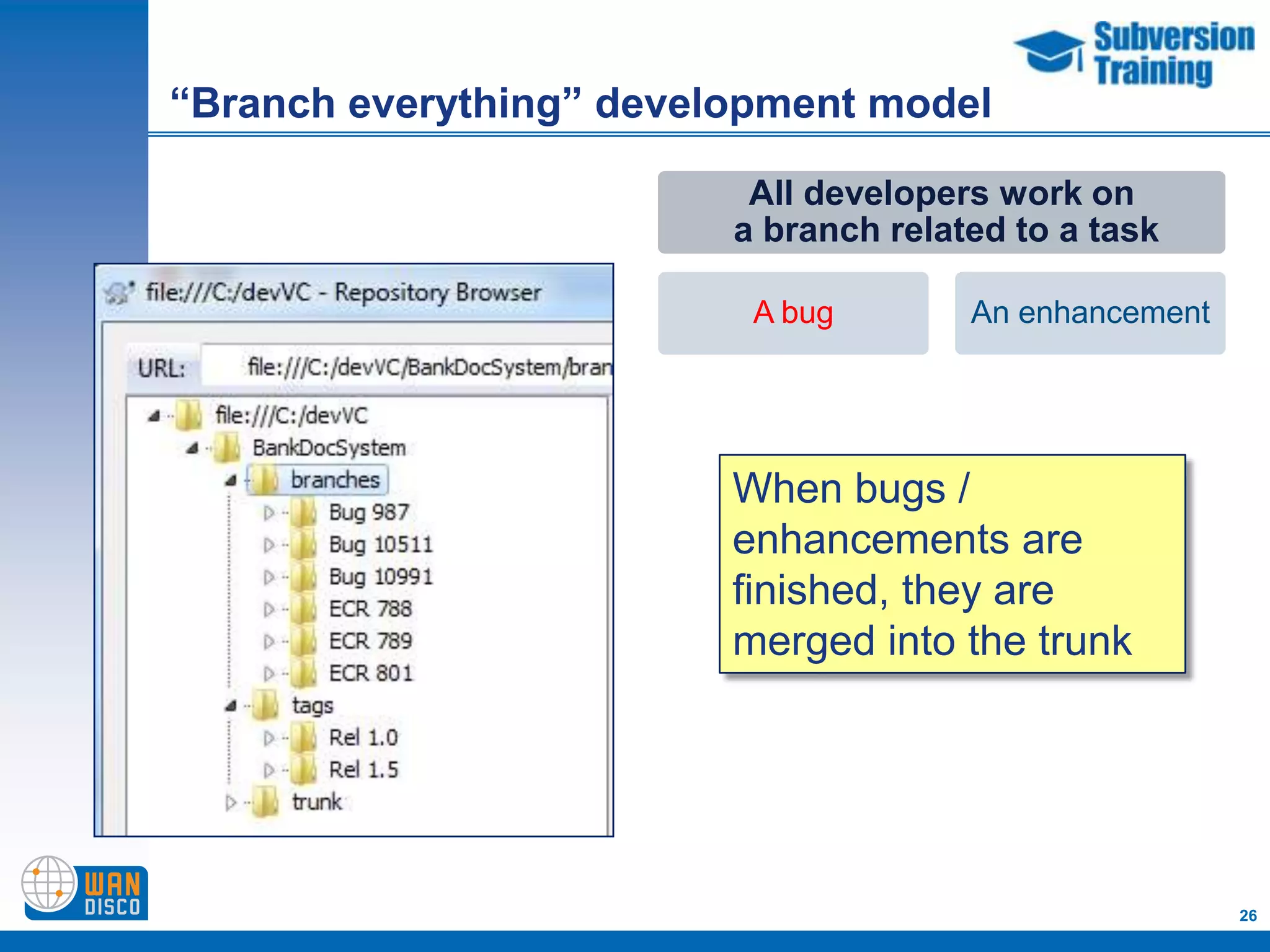 “Branch everything” development model

                          All developers work on
                         a branch related to a task

                          A bug        An enhancement




                         When bugs /
                         enhancements are
                         finished, they are
                         merged into the trunk




                                                        26
 