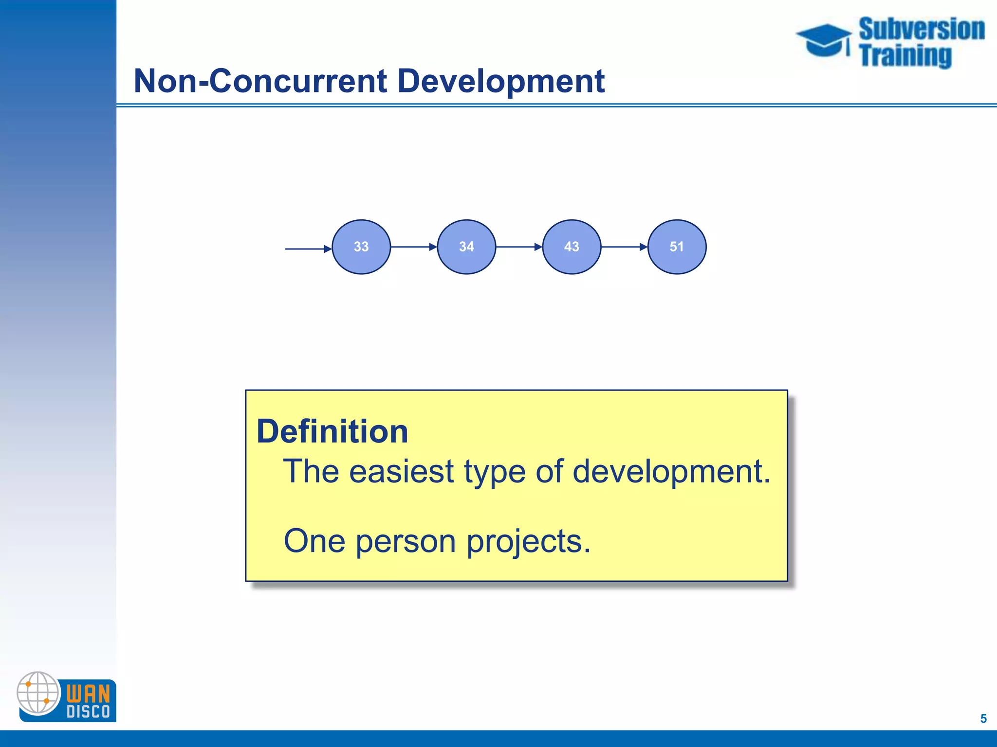 Non-Concurrent Development



            33     34     43    51




      Definition
       The easiest type of development.

        One person projects.




                                          5
 