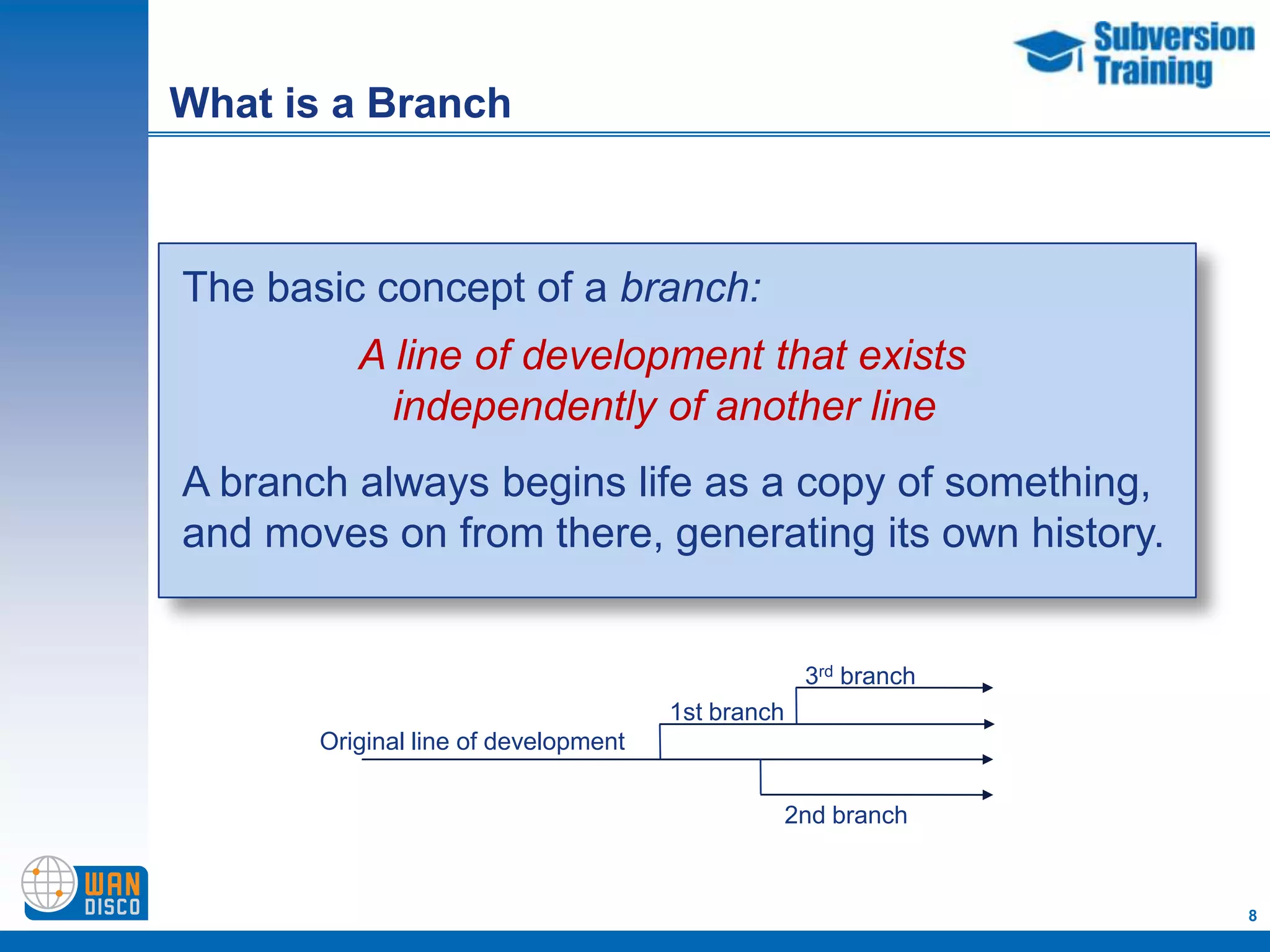 What is a Branch



The basic concept of a branch:
          A line of development that exists
            independently of another line
A branch always begins life as a copy of something,
and moves on from there, generating its own history.


                                                    3rd branch
                                      1st branch
       Original line of development

                                                   2nd branch


                                                                 8
 
