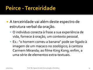 

A terceiridade vai além deste espectro de
estrutura verbal da oração.
 O indivíduo conecta à frase a sua experiência de

vida, fornece à oração, um contexto pessoal.
 Ex.: "o homem comeu a banana" pode ser ligado à
imagem de um macaco no zoológico; à cantora
Carmem Miranda; ao filme King Kong; enfim, a
uma série de elementos extra-textuais.

21/02/2014

Prof. Ms. Agnes Arruda | Comunicação e Semiótica

13

 