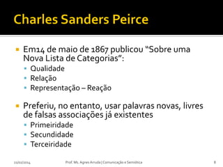 

Em14 de maio de 1867 publicou “Sobre uma
Nova Lista de Categorias”:
 Qualidade
 Relação
 Representação – Reação



Preferiu, no entanto, usar palavras novas, livres
de falsas associações já existentes
 Primeiridade
 Secundidade
 Terceiridade

21/02/2014

Prof. Ms. Agnes Arruda | Comunicação e Semiótica

8

 