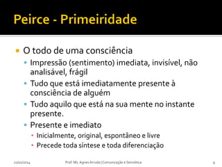 

O todo de uma consciência
 Impressão (sentimento) imediata, invisível, não

analisável, frágil
 Tudo que está imediatamente presente à
consciência de alguém
 Tudo aquilo que está na sua mente no instante
presente.
 Presente e imediato
▪ Inicialmente, original, espontâneo e livre
▪ Precede toda síntese e toda diferenciação
21/02/2014

Prof. Ms. Agnes Arruda | Comunicação e Semiótica

9

 