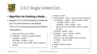 2.6.1 Singly Linked List…
• Algorithm for Deleting a Node…
• Suppose START is the first position in linked list.
Let DATA be the element to be deleted.
TEMP, HOLD is a temporary pointer to hold the
node address.
IT3201 Data Structures 182018-10-30
 