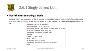 2.6.1 Singly Linked List…
• Algorithm for searching a Node
• Suppose START is the address of the first node in the linked list and DATA is the information to be
searched. After searching, if the DATA is found, POS will contain the corresponding position in the
list.
IT3201 Data Structures 192018-10-30
 