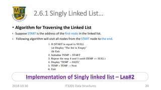 2.6.1 Singly Linked List…
• Algorithm for Traversing the Linked List
• Suppose START is the address of the first node in the linked list.
• Following algorithm will visit all nodes from the START node to the end.
IT3201 Data Structures 202018-10-30
Implementation of Singly linked list – LAB#2
 