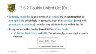 2.6.2 Doubly Linked List [DLL]
• A doubly linked list is one in which all nodes are linked together by
multiple links which help in accessing both the successor (next) and
predecessor (previous) node for any arbitrary node within the list.
• Every nodes in the doubly linked list has three fields:
• Left Pointer, Right Pointer and DATA. The following fig. shows a typical doubly
linked list.
IT3201 Data Structures 232018-10-30
 