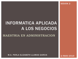 2/MAR/2019
INFORMATICA APLICADA
A LOS NEGOCIOS
M.A. PERLA ELIZABETH LLAMAS GARCIA
SESION 2
 