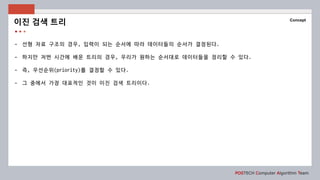 POSTECH Computer Algorithm Team
Concept
- 선형 자료 구조의 경우, 입력이 되는 순서에 따라 데이터들의 순서가 결정된다.
- 하지만 저번 시간에 배운 트리의 경우, 우리가 원하는 순서대로 데이터들을 정리할 수 있다.
- 즉, 우선순위(priority)를 결정할 수 있다.
- 그 중에서 가장 대표적인 것이 이진 검색 트리이다.
이진 검색 트리
 