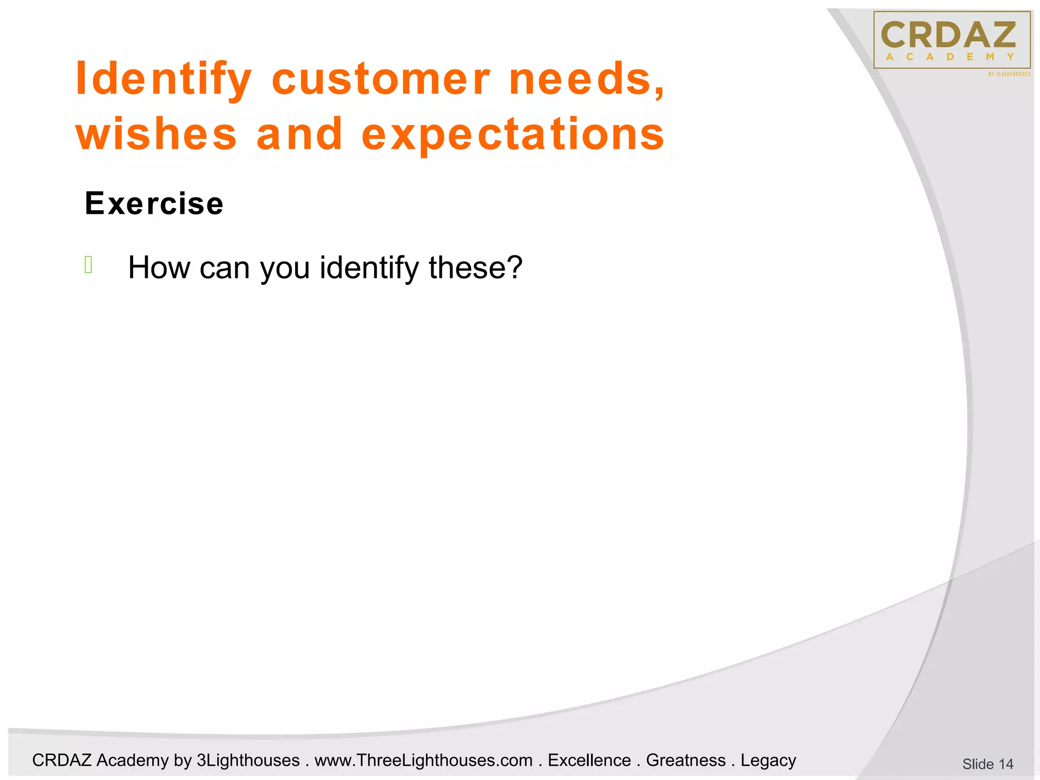 CRDAZ Academy by 3Lighthouses . www.ThreeLighthouses.com . Excellence . Greatness . Legacy
Identify customer needs,
wishes and expectations
Exercise
 How can you identify these?
Slide 14
 