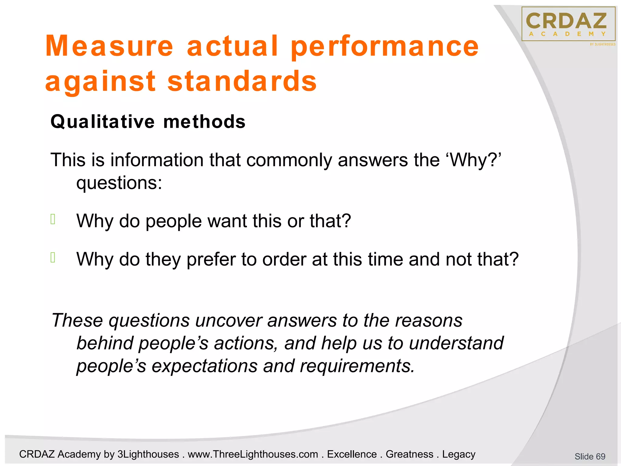 CRDAZ Academy by 3Lighthouses . www.ThreeLighthouses.com . Excellence . Greatness . Legacy
Measure actual performance
against standards
Qualitative methods
This is information that commonly answers the ‘Why?’
questions:
 Why do people want this or that?
 Why do they prefer to order at this time and not that?
These questions uncover answers to the reasons
behind people’s actions, and help us to understand
people’s expectations and requirements.
Slide 69
 