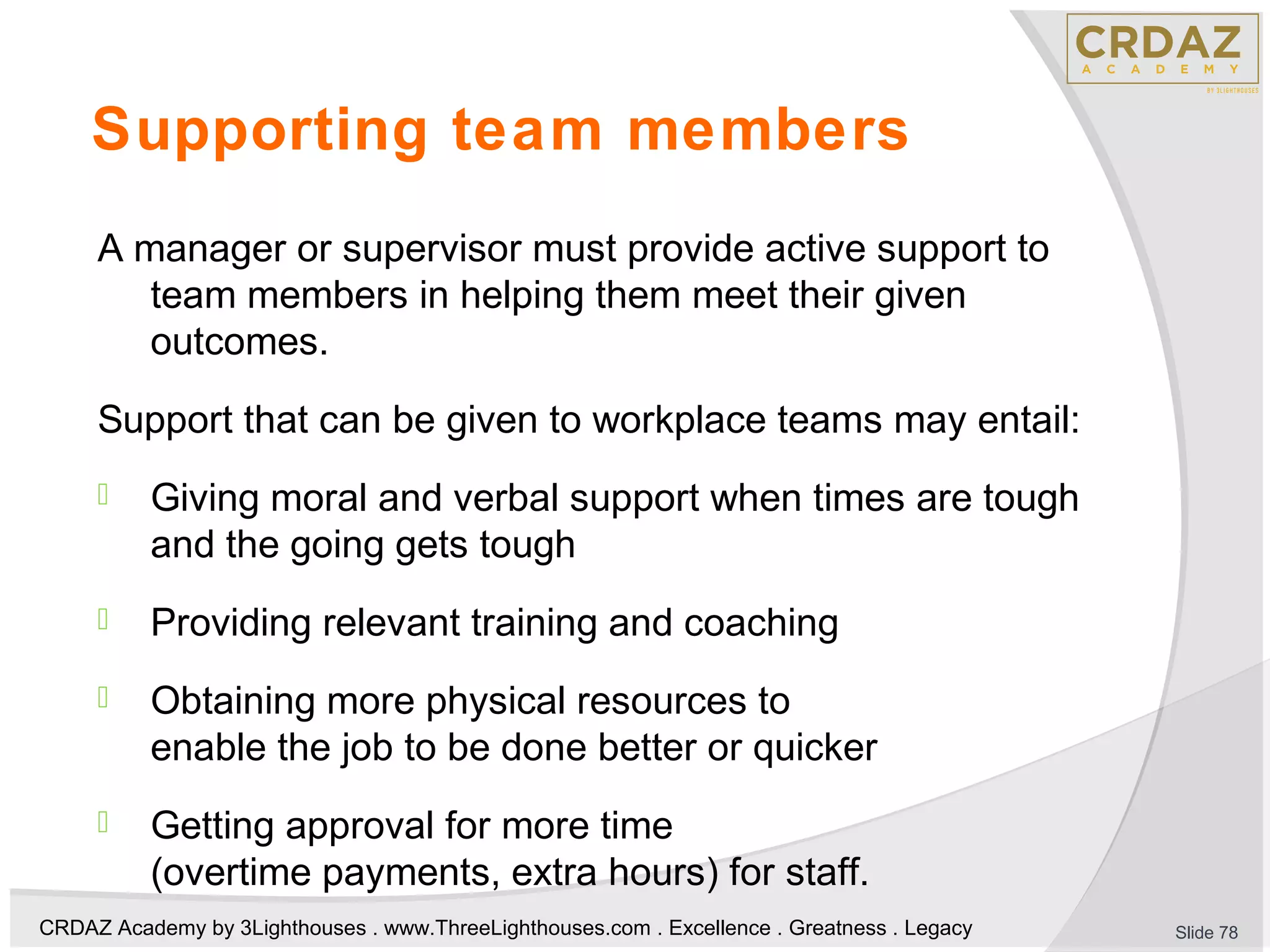 CRDAZ Academy by 3Lighthouses . www.ThreeLighthouses.com . Excellence . Greatness . Legacy
Supporting team members
A manager or supervisor must provide active support to
team members in helping them meet their given
outcomes.
Support that can be given to workplace teams may entail:
 Giving moral and verbal support when times are tough
and the going gets tough
 Providing relevant training and coaching
 Obtaining more physical resources to
enable the job to be done better or quicker
 Getting approval for more time
(overtime payments, extra hours) for staff.
Slide 78
 