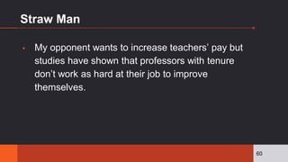 Straw Man
▪ My opponent wants to increase teachers’ pay but
studies have shown that professors with tenure
don’t work as hard at their job to improve
themselves.
60
 