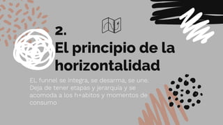 2.
El principio de la
horizontalidad
EL funnel se integra, se desarma, se une.
Deja de tener etapas y jerarquía y se
acomoda a los h+abitos y momentos de
consumo
 
