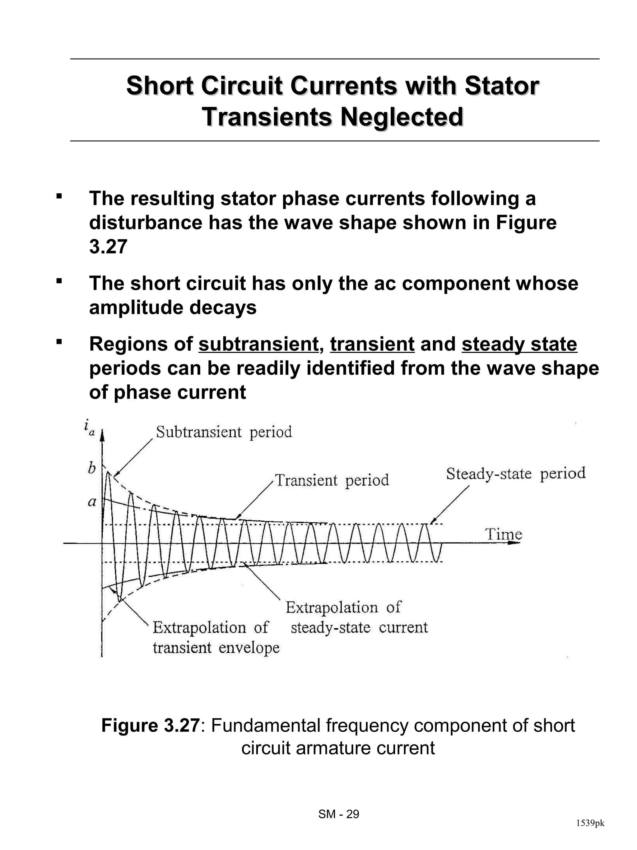 Short Circuit Currents with Stator
             Transients Neglected

   The resulting stator phase currents following a
    disturbance has the wave shape shown in Figure
    3.27
   The short circuit has only the ac component whose
    amplitude decays
   Regions of subtransient, transient and steady state
    periods can be readily identified from the wave shape
    of phase current




     Figure 3.27: Fundamental frequency component of short
                     circuit armature current


                             SM - 29
                                                             1539pk
 