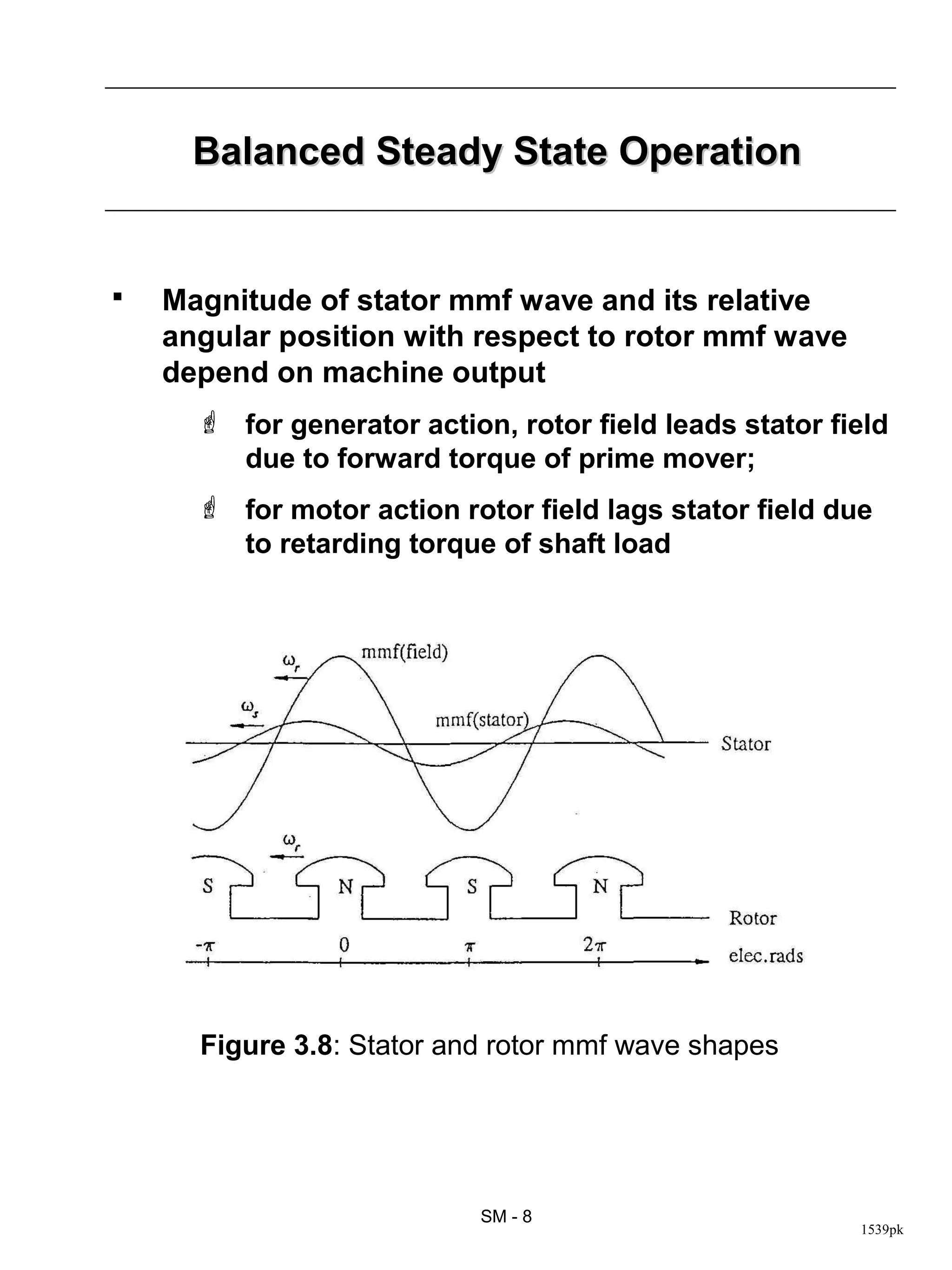 Balanced Steady State Operation


   Magnitude of stator mmf wave and its relative
    angular position with respect to rotor mmf wave
    depend on machine output
       for generator action, rotor field leads stator field
        due to forward torque of prime mover;
       for motor action rotor field lags stator field due
        to retarding torque of shaft load




      Figure 3.8: Stator and rotor mmf wave shapes




                            SM - 8
                                                         1539pk
 