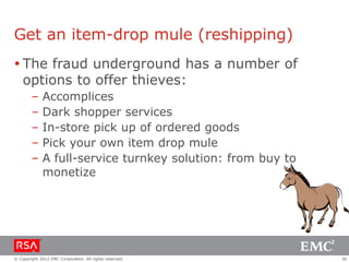 Get an item-drop mule (reshipping)
 The fraud underground has a number of
  options to offer thieves:
        –    Accomplices
        –    Dark shopper services
        –    In-store pick up of ordered goods
        –    Pick your own item drop mule
        –    A full-service turnkey solution: from buy to
             monetize




© Copyright 2012 EMC Corporation. All rights reserved.      26
 