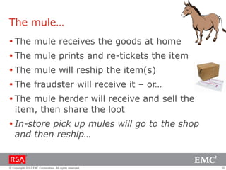 The mule…
 The mule receives the goods at home
 The mule prints and re-tickets the item
 The mule will reship the item(s)
 The fraudster will receive it – or…
 The mule herder will receive and sell the
  item, then share the loot
 In-store pick up mules will go to the shop
  and then reship…


© Copyright 2012 EMC Corporation. All rights reserved.   35
 