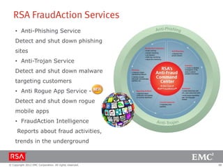 RSA FraudAction Services
    • Anti-Phishing Service
    Detect and shut down phishing
    sites
    • Anti-Trojan Service
    Detect and shut down malware
    targeting customers
    • Anti Rogue App Service -
    Detect and shut down rogue
    mobile apps
    • FraudAction Intelligence
      Reports about fraud activities,
    trends in the underground



© Copyright 2012 EMC Corporation. All rights reserved.   48
 