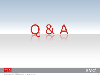 Q&A


© Copyright 2012 EMC Corporation. All rights reserved.   55
 
