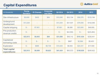 Capital Expenditures
(in thousands)
Young-
Davidson
El Chanate
Corporate
and Other
Q4 2014 Q4 2013 2014 2013
Site infrastructure $9,609 $402 $84 $10,095 $22,134 $59,370 $123,194
Underground
development
$13,304 - - $13,304 $31,937 $78,559 $102,056
Capital stripping $ - $7,601 - $7,601 $6,580 $23,505 $46,655
Pre-production
revenue credits
$ - - - $ - $(4,539) $ - $(45,464)
$22,913 $8,003 $84 $31,000 $56,112 $161,434 $226,441
Capitalized
borrowing costs
$ - $ - $ - $ - $867 $2,964 $5,422
Exploration $ - $686 $9,738 $10,424 $6,593 $24,431 $17,559
Total capital
expenditures
$22,913 $8,689 $9,822 $41,424 $63,572 $188,829 $249,422
19
 