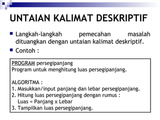 UNTAIAN KALIMAT DESKRIPTIF




Langkah-langkah
pemecahan
masalah
dituangkan dengan untaian kalimat deskriptif.
Contoh :

PROGRAM persegipanjang
Program untuk menghitung luas persegipanjang.
ALGORITMA :
1. Masukkan/input panjang dan lebar persegipanjang.
2. Hitung luas persegipanjang dengan rumus :
Luas = Panjang x Lebar
3. Tampilkan luas persegipanjang.

 