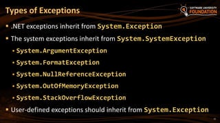 15
 .NET exceptions inherit from System.Exception
 The system exceptions inherit from System.SystemException
 System.ArgumentException
 System.FormatException
 System.NullReferenceException
 System.OutOfMemoryException
 System.StackOverflowException
 User-defined exceptions should inherit from System.Exception
Types of Exceptions
 