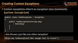 39
 Custom exceptions inherit an exception class (commonly
System.Exception)
 Are thrown just like any other exception
Creating Custom Exceptions
public class TankException : Exception
{
public TankException(string msg)
: base(msg)
{
}
}
throw new TankException("Not enough fuel to travel");
 