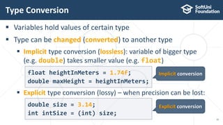  Variables hold values of certain type
 Type can be changed (converted) to another type
 Implicit type conversion (lossless): variable of bigger type
(e.g. double) takes smaller value (e.g. float)
 Explicit type conversion (lossy) – when precision can be lost:
Type Conversion
33
Implicit conversion
Explicit conversion
float heightInMeters = 1.74f;
double maxHeight = heightInMeters;
double size = 3.14;
int intSize = (int) size;
 