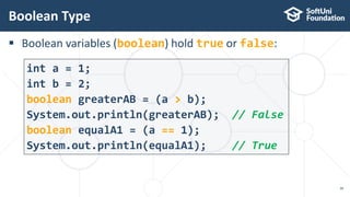  Boolean variables (boolean) hold true or false:
Boolean Type
38
int a = 1;
int b = 2;
boolean greaterAB = (a > b);
System.out.println(greaterAB); // False
boolean equalA1 = (a == 1);
System.out.println(equalA1); // True
 