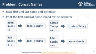  Read first and last name and delimiter
 Print the first and last name joined by the delimiter
Problem: Concat Names
52
John
Smith
->
Check your solution here: https://judge.softuni.bg/Contests/1227/
John->Smith
Linda
Terry
=>
Linda=>Terry
Jan
White
<->
Jan<->White
Lee
Lewis
---
Lee---Lewis
 