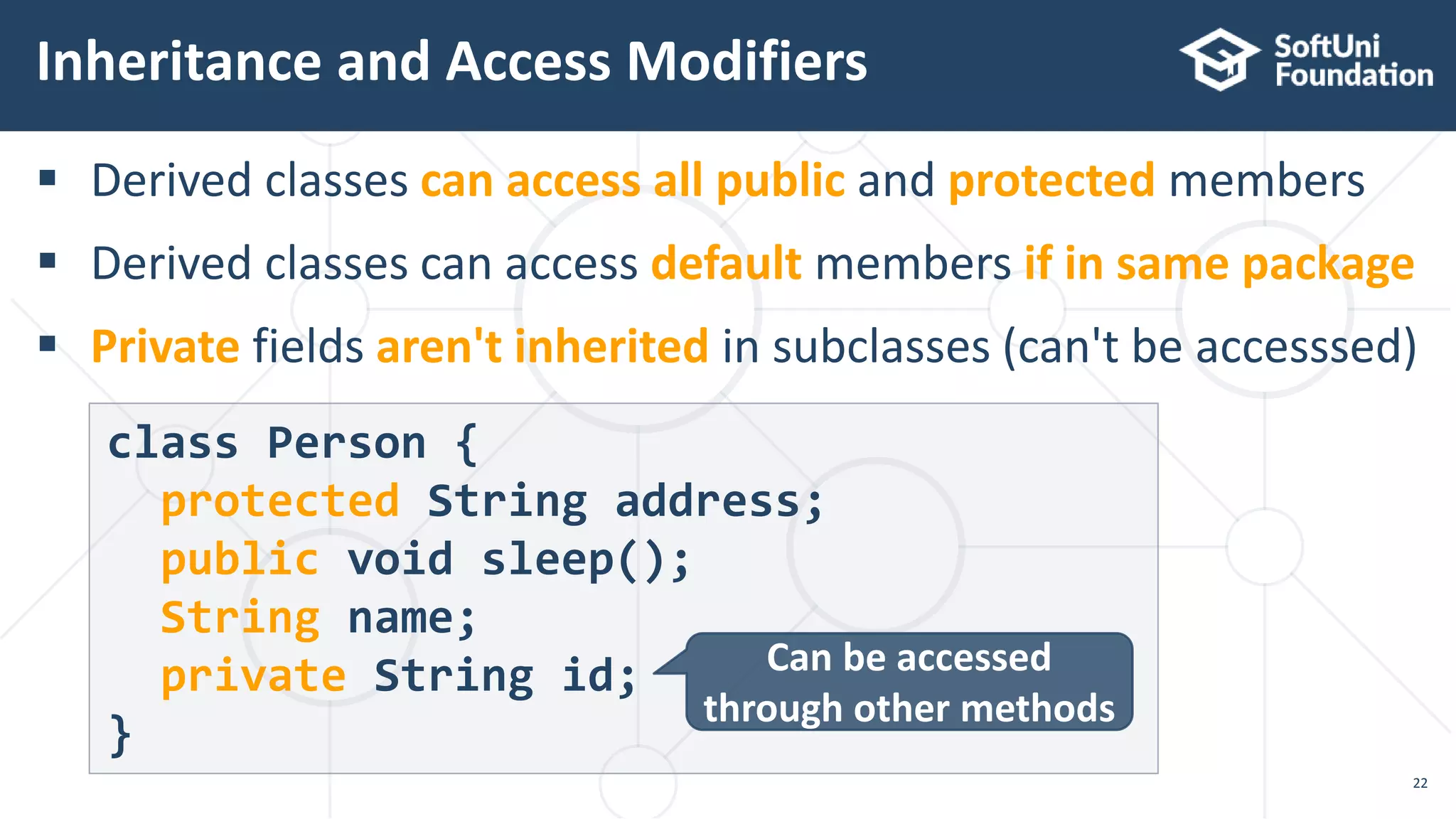  Derived classes can access all public and protected members
 Derived classes can access default members if in same package
 Private fields aren't inherited in subclasses (can't be accesssed)
Inheritance and Access Modifiers
22
class Person {
protected String address;
public void sleep();
String name;
private String id;
}
Can be accessed
through other methods
 