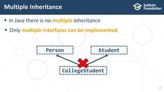  In Java there is no multiple inheritance
 Only multiple interfaces can be implemented
Multiple Inheritance
16
Person
CollegeStudent
Student
 