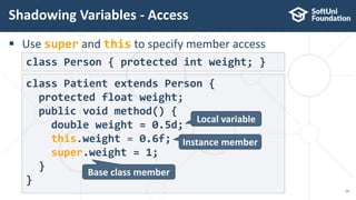  Use super and this to specify member access
Shadowing Variables - Access
24
class Patient extends Person {
protected float weight;
public void method() {
double weight = 0.5d;
this.weight = 0.6f;
super.weight = 1;
}
}
class Person { protected int weight; }
Instance member
Base class member
Local variable
 