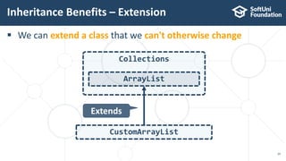  We can extend a class that we can't otherwise change
Inheritance Benefits – Extension
29
Collections
ArrayList
CustomArrayList
Extends
 