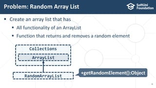  Create an array list that has
 All functionality of an ArrayList
 Function that returns and removes a random element
Problem: Random Array List
30
Collections
ArrayList
RandomArrayList
+getRandomElement():Object
 
