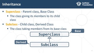  Superclass - Parent class, Base Class
 The class giving its members to its child
class
 Subclass - Child class, Derived Class
 The class taking members from its base class
Inheritance
5
Superclass
Subclass
Derived
Base
 