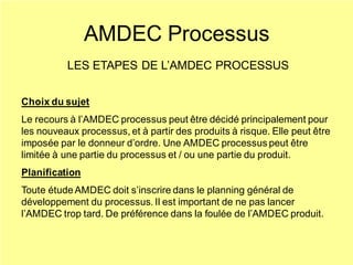 AMDEC Processus
LES ETAPES DE L’AMDEC PROCESSUS
Choix du sujet
Le recours à l’AMDEC processus peut être décidé principalement pour
les nouveaux processus, et à partir des produits à risque. Elle peut être
imposée par le donneur d’ordre. Une AMDEC processus peut être
limitée à une partie du processus et / ou une partie du produit.
Planification
Toute étudeAMDEC doit s’inscrire dans le planning général de
développement du processus. Il est important de ne pas lancer
l’AMDEC trop tard. De préférence dans la foulée de l’AMDEC produit.
 