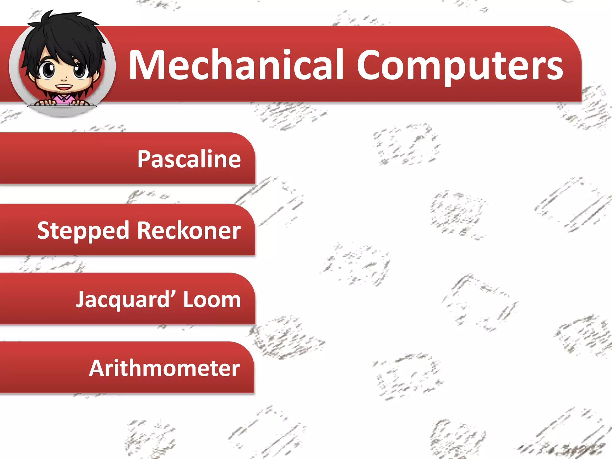 Pascaline
Stepped Reckoner
Jacquard’ Loom
Mechanical Computers
Arithmometer
 