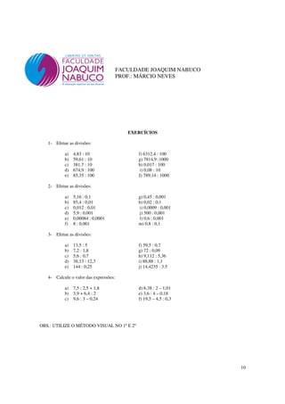 10
FACULDADE JOAQUIM NABUCO
PROF.: MÁRCIO NEVES
EXERCÍCIOS
1- Efetue as divisões:
a) 4,83 : 10 f) 6312,4 : 100
b) 59,61 : 10 g) 7814,9 :1000
c) 381,7 : 10 h) 0,017 : 100
d) 674,9 : 100 i) 0,08 : 10
e) 85,35 : 100 J) 789,14 : 1000
2- Efetue as divisões:
a) 5,16 : 0,1 g) 0,45 : 0,001
b) 85,4 : 0,01 h) 0,02 : 0,1
c) 0,012 : 0,01 i) 0,0009 : 0,001
d) 5,9 : 0,001 j) 500 : 0,001
e) 0,00084 : 0,0001 l) 0,6 : 0,001
f) 8 : 0,001 m) 0,8 : 0,1
3- Efetue as divisões:
a) 13,5 : 5 f) 59,5 : 0,7
b) 7,2 : 1,8 g) 72 : 0,09
c) 5,6 : 0,7 h) 9,112 : 5,36
d) 38,13 : 12,3 i) 88,88 : 1,1
e) 144 : 0,25 j) 14,4235 : 3.5
4- Calcule o valor das expressões:
a) 7,5 : 2,5 + 1,8 d) 6,38 : 2 – 1,01
b) 3,9 + 6,4 : 2 e) 3,6 : 4 – 0,18
c) 9,6 : 3 – 0,24 f) 19,5 – 4,5 : 0,3
OBS.: UTILIZE O MÉTODO VISUAL NO 1º E 2º
 