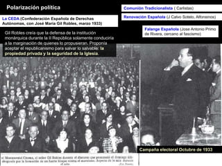 Comunión Tradicionalista ( Carlistas)
Renovación Española (J Calvo Sotelo, Alfonsinos)La CEDA (Confederación Española de Derechas
Autónomas, con José María Gil Robles, marzo 1933)
Campaña electoral Octubre de 1933
Falange Española (Jose Antonio Primo
de Rivera, cercano al fascismo)Gil Robles creía que la defensa de la institución
monárquica durante la II República solamente conduciría
a la marginación de quienes lo propusieran. Proponía
aceptar el republicanismo para salvar lo salvable: la
propiedad privada y la seguridad de la Iglesia.
Polarización política
 