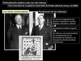 Tras la formación de un gobierno conservador de Partido radical de Lerroux y la CEDA
Se revocó la legislación del
gobierno azañista en política
religiosa, educativa y laboral
Se paralizó la reforma agraria
Se entró en una lucha/conflicto
de competencias con la
Generalitat de Cataluña y se
bloqueó los demás procesos
autonómicos
Paralización de las reformas
Radicalización política cada vez más intensa
Las clases conservadoras
 