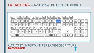 LA TASTIERA – TASTI PRINCIPALI E TASTI SPECIALI
ALTRI TASTI IMPORTANTI PER LA VIDEOSCRITTURA
BACKSPACE
 