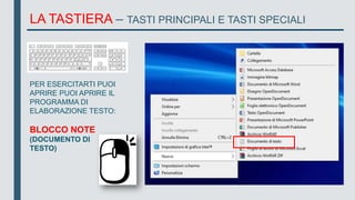 LA TASTIERA – TASTI PRINCIPALI E TASTI SPECIALI
PER ESERCITARTI PUOI
APRIRE PUOI APRIRE IL
PROGRAMMA DI
ELABORAZIONE TESTO:
BLOCCO NOTE
(DOCUMENTO DI
TESTO)
 
